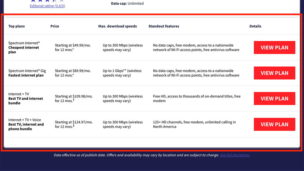 The hero table on a CableTV.com page.