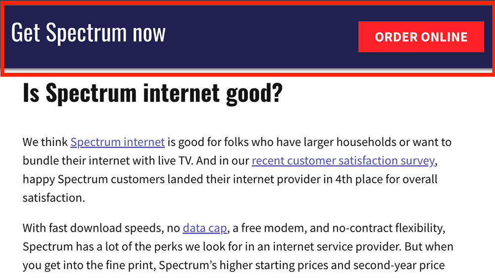 The sticky CTA component on a CableTV.com page - a banner with the headline 'Get Spectrum Now' and a CTA button.