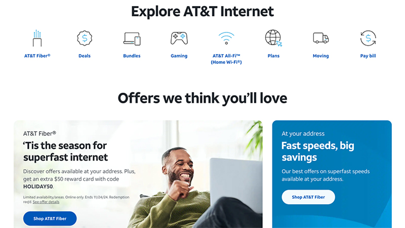 A screenshot of the ATT Internet homepage.