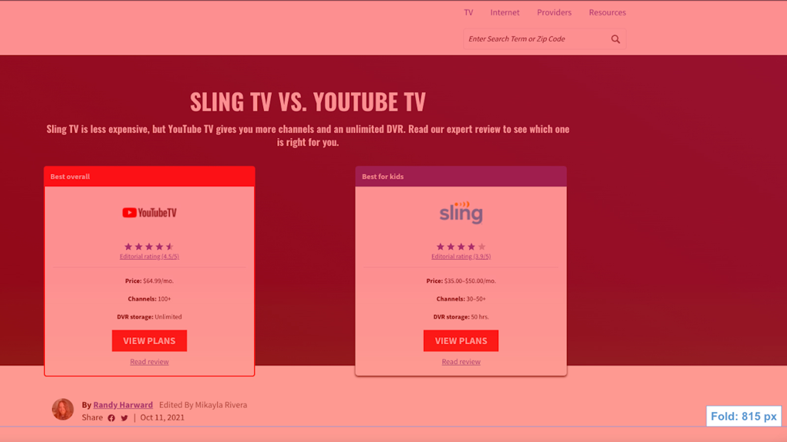 A heatmap view of a desktop webpage on CableTV.com, with a red tint covering the page and a line showing the average 'fold' position on the screen.