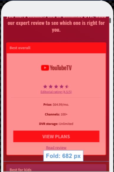 A heatmap view of a mobile webpage on CableTV.com, with a red tint covering the page and a line showing the average 'fold' position on the screen at 682px deep.