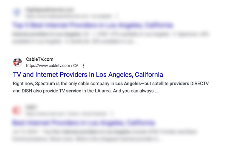 Google SERP result mockup showing only the snippet for CableTV.com, with other snippets blurred out.