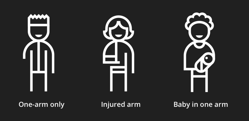 An illustration depicting a user with one arm, a user with an injured arm in a sling, and a user holding a baby in one arm.