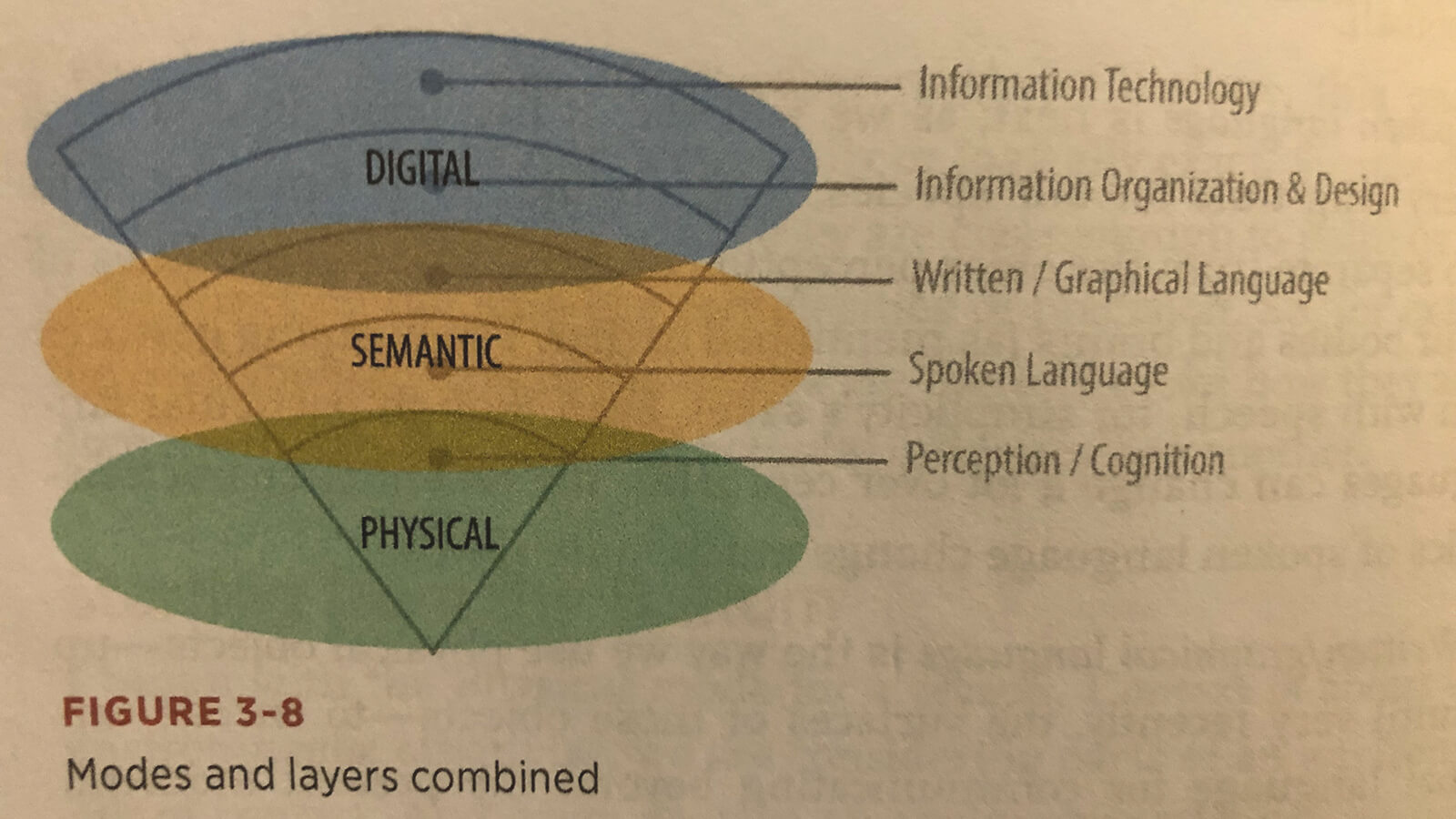 A graphic showing the three information modes of digital, semantic, and physical, with the labels information technology, information organization and design, written/graphical language, spoken language, and perception/cognition overlaid from top to bottom.