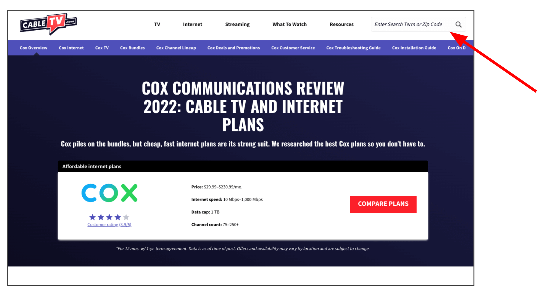 Cox Communications review page on CableTV.com, with an arrow pointing to the search box in the top right corner.