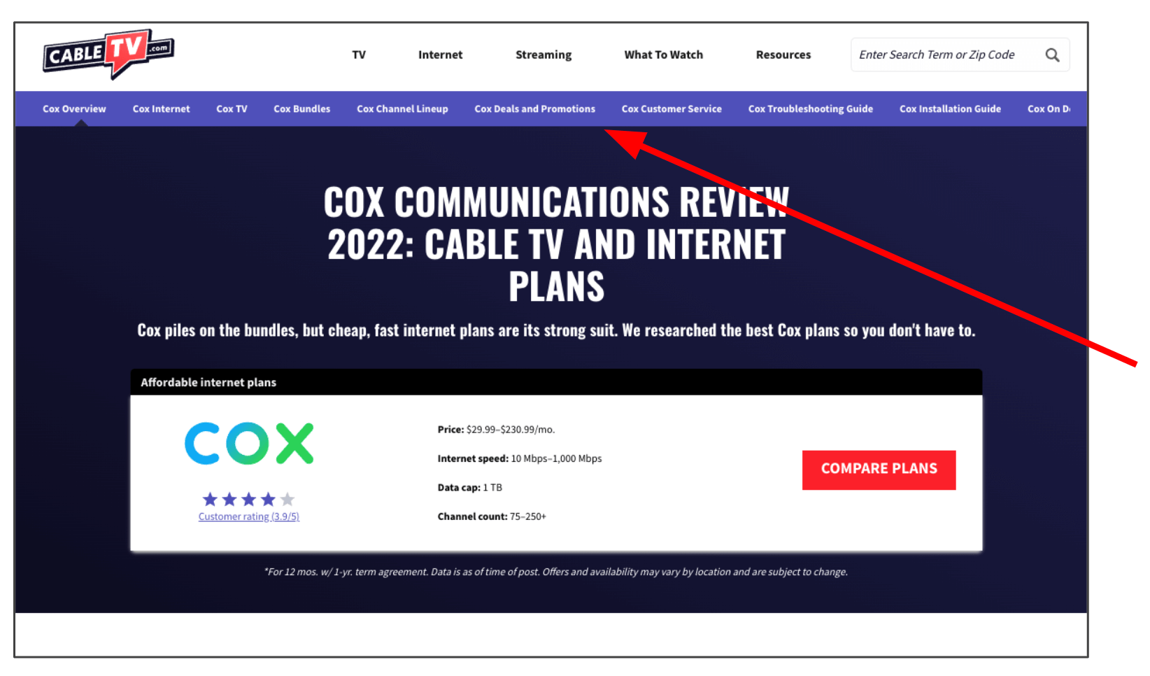 Cox Communications review page on CableTV.com, with an arrow pointing to the subnavigation menu item 'Deals and Promotions'.