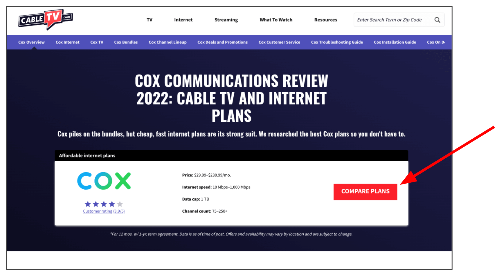 Cox Communications review page on CableTV.com, with an arrow pointing to the 'Compare Plans' CTA button.