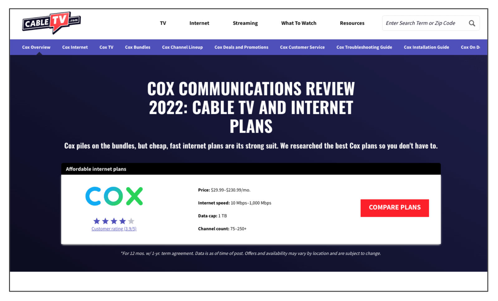 Cox Communications review page on CableTV.com.