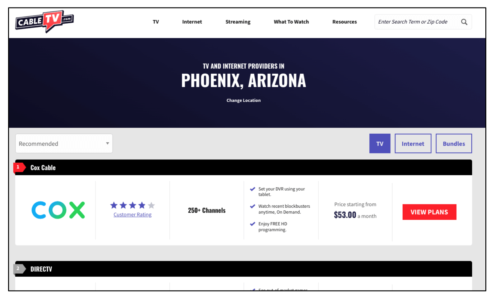 CableTV.com page showing Cox internet options for Phoenix, Arizona.