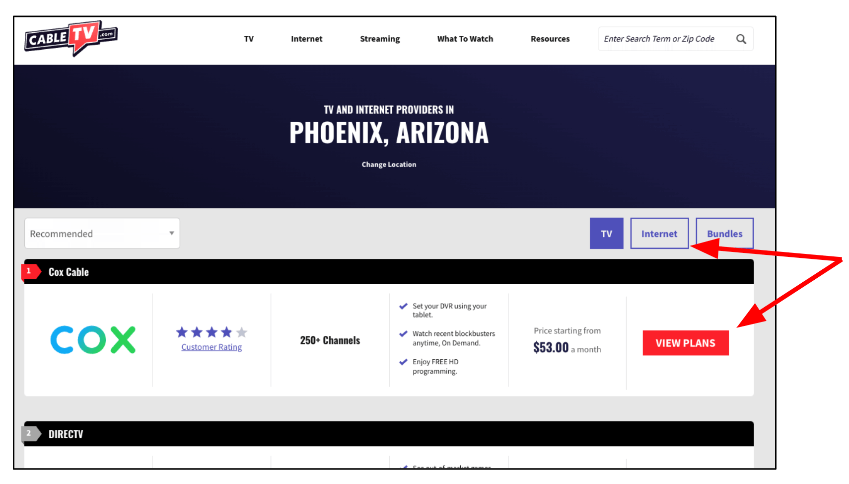 CableTV.com page showing Cox internet options for Phoenix, Arizona, with arrows pointing to the 'Internet' and 'View Plans' buttons.