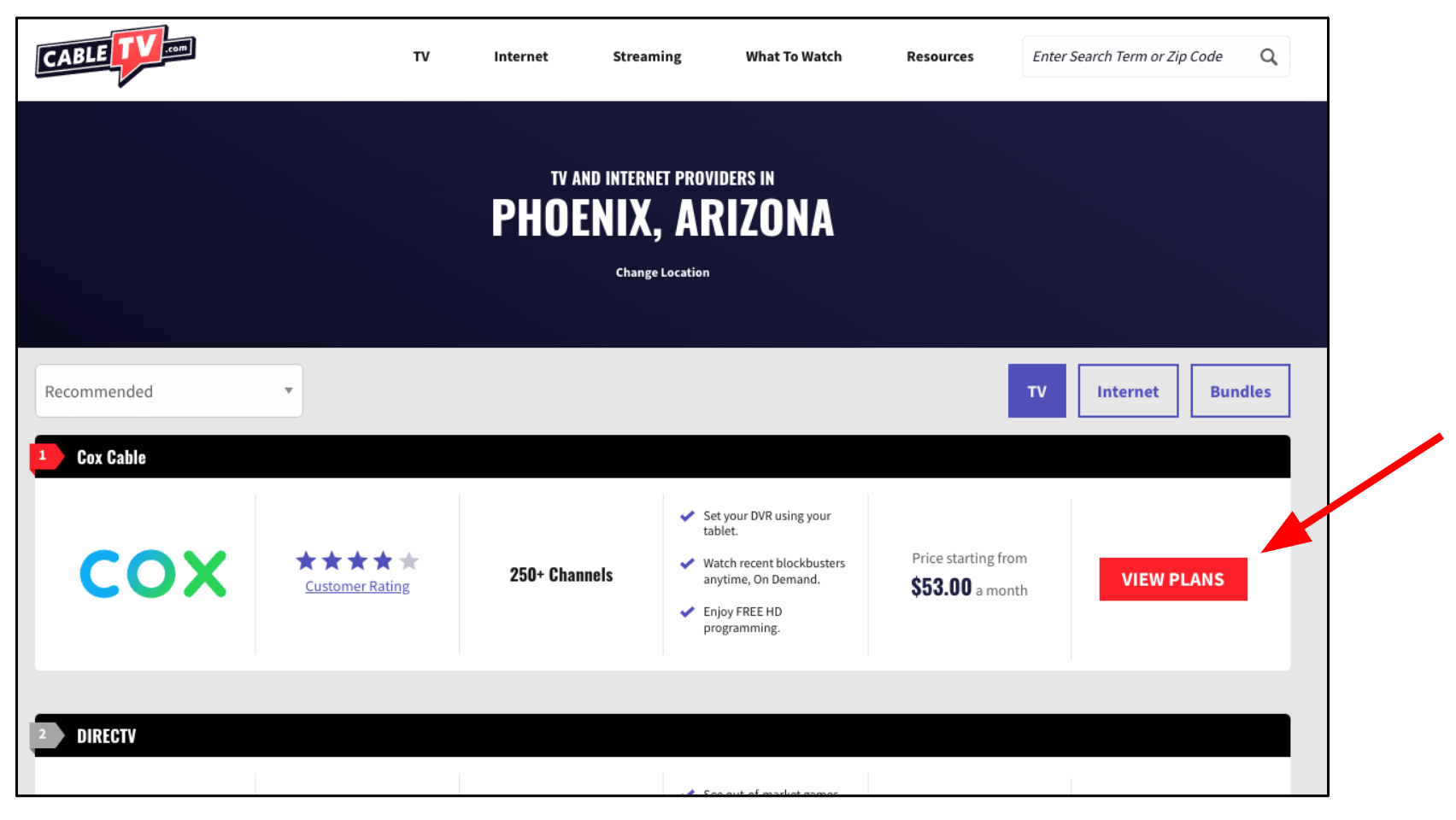 CableTV.com page showing Cox internet options for Phoenix, Arizona, with an arrow pointing to the 'View Plans' button.