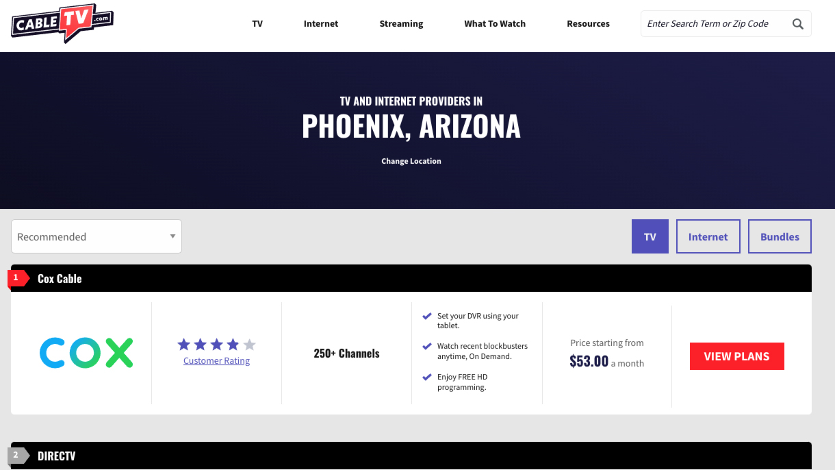 Screenshot of CableTV.com page showing a content card for Cox internet in Phoenix, Arizona.