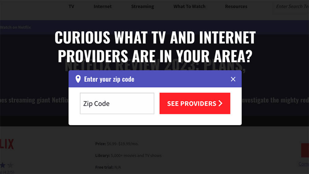 Screenshot of CableTV.com, showing a popup with the message 'Curious what TV and internet providers are in your area?'