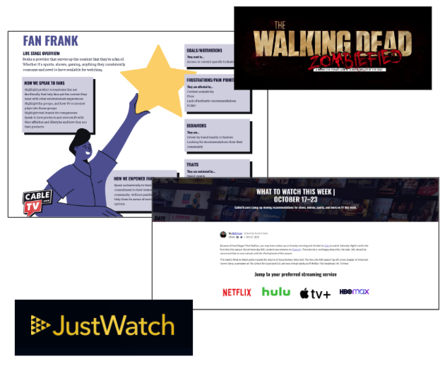 'The Walking Dead' logo, screenshot of the CableTV.com persona 'Fan Frank', screenshot of a 'What to Watch' page on CableTV.com, and the JustWatch logo.