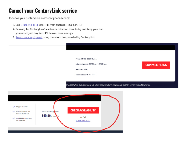 Screenshots of three low-funnel CableTV.com pages, including ones with CTA buttons for 'Compare Plans' and 'Check Availability'.