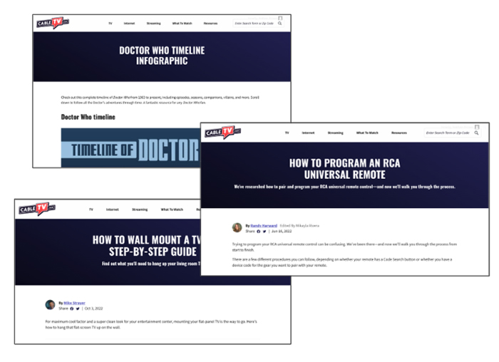 Screenshot of three CableTV.com pages showing top-funnel content, such as the page 'Doctor Who Timeline Infographic'.