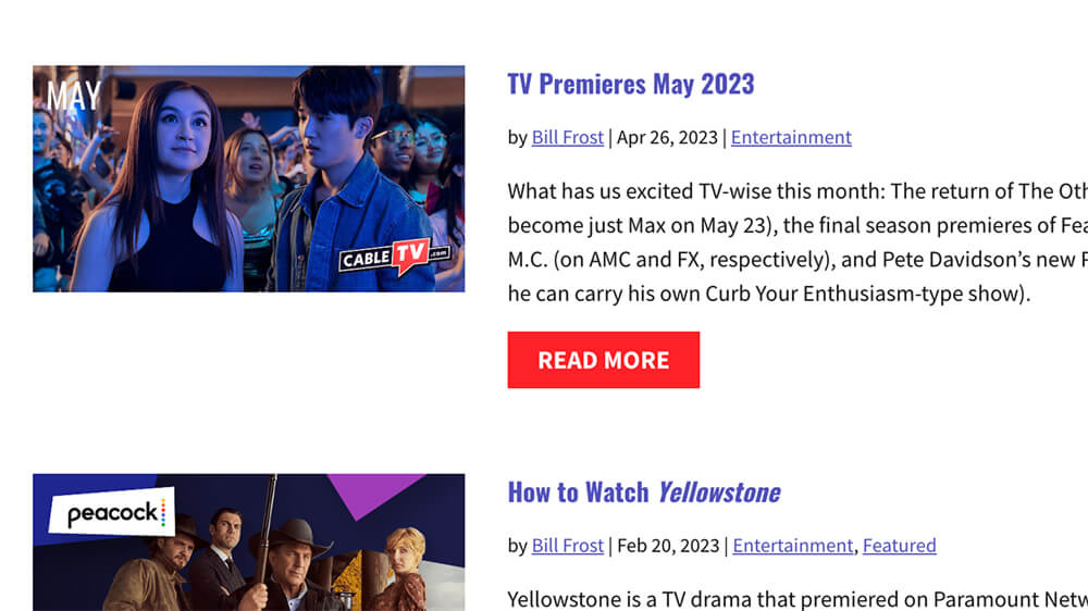 Screenshot of CableTV.com showing an article for TV Premieres and How to Watch (the TV show) Yellowstone.