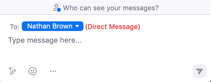 The chat window of Zoom, with someone selected to send a direct message to.