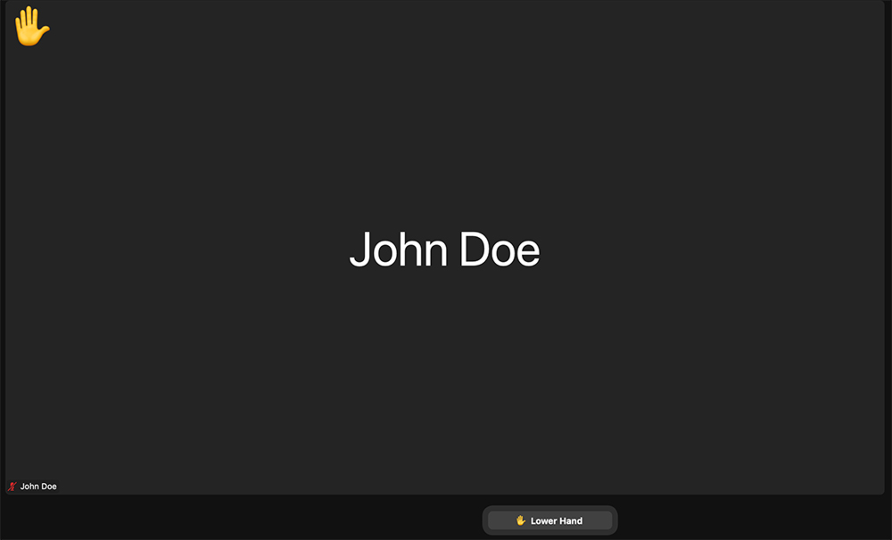 The 'camera off' view of a Zoom screen, with the 'raised hand' emoji in the top left corner.